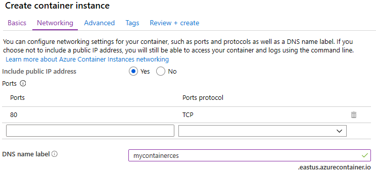 Screenshot of the configuration pane of the create container instances blade, in Azure portal, with the DNS name label entered. 