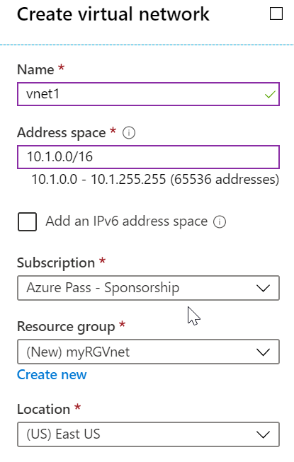 Screenshot of the Create virtual network blade with the default fields.