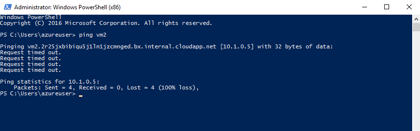 Screenshot of PowerShell command prompt with the command ping vm2 after its completion and the output indicating the command wasn't successful.