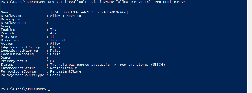 Screenshot of PowerShell command prompt with the command New-NetFirewallRule DisplayName Allow ICMPv4-In –Protocol ICMPv4 after its completion and the output indicating the command was successful.