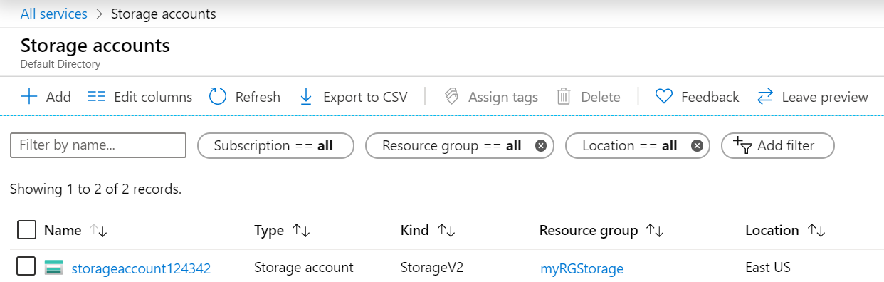 Screenshot of the newly created storage account in the Azure portal .