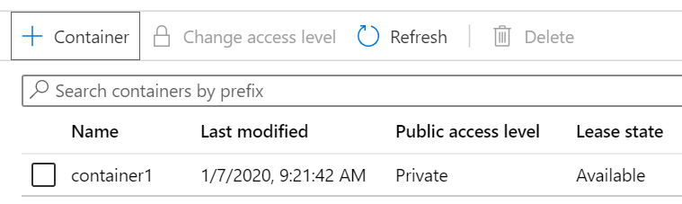 Screenshot of the newly created blob container in the storage account in the Azure portal.