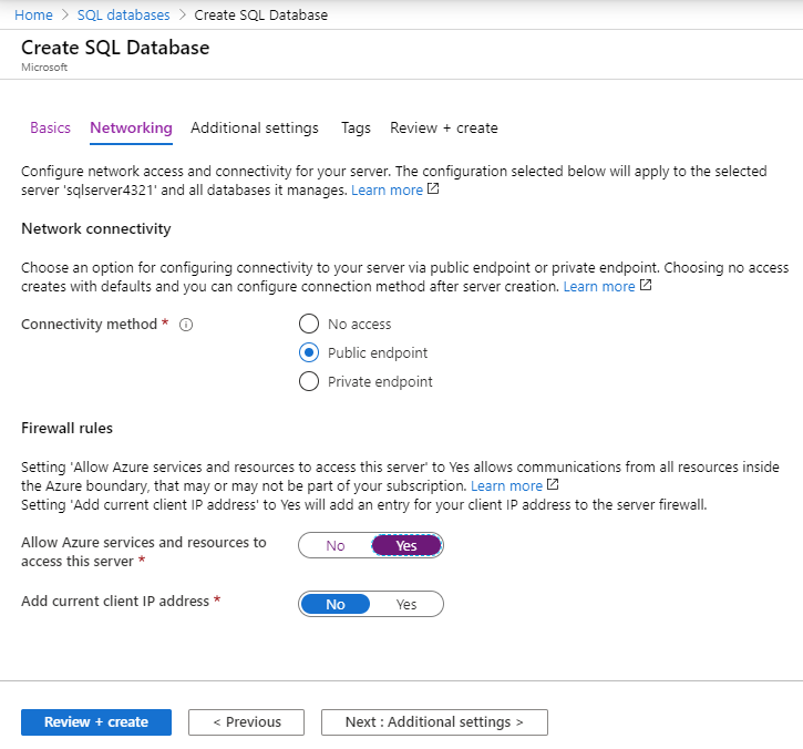 Screenshot of the Networking tab of the Create SQL Database blade with settings selected as per the table and the Review + create button highlighted.