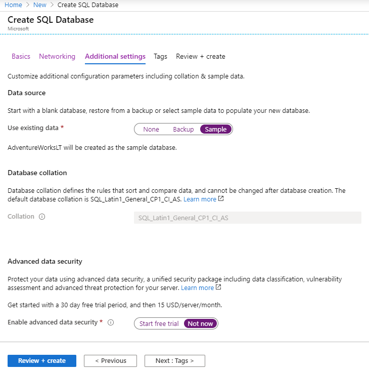 Screenshot of the Additional settings tab of the Create SQL Database blade with settings selected as per the table and the Review + create button highlighted.