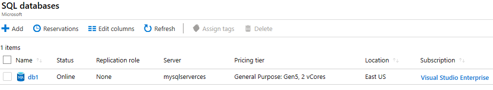 Screenshot of the SQL database and server that have just been deployed.