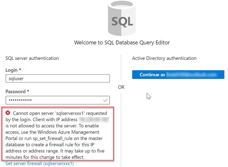 Screenshot of the Query Editor login page with IP address error.