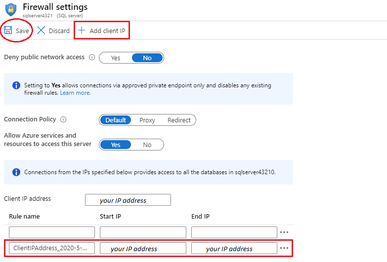 Screenshot of the SQL server firewall settings page with the new IP rule highlighted.
