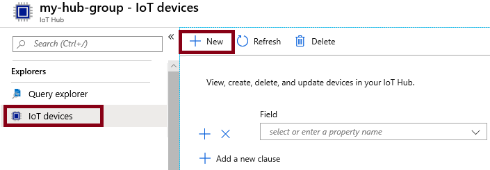 Screenshot of the IoT devices pane, highlighted within the IoT hub navigation blade, in Azure portal. The New button is highlighted to illustrate how to add a new IoT device identity to IoT hub.