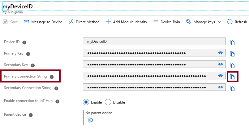 Screenshot of the Primary Connection String page with the copy icon highlighted.