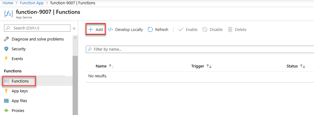 Screenshot of the choose a development environment step in the azure functions for dot net getting started pane inside Azure portal. The display elements for creating a new in-portal function are highlighted. The highlighted elements are expand the function app, add new function, in-portal, and the continue button.