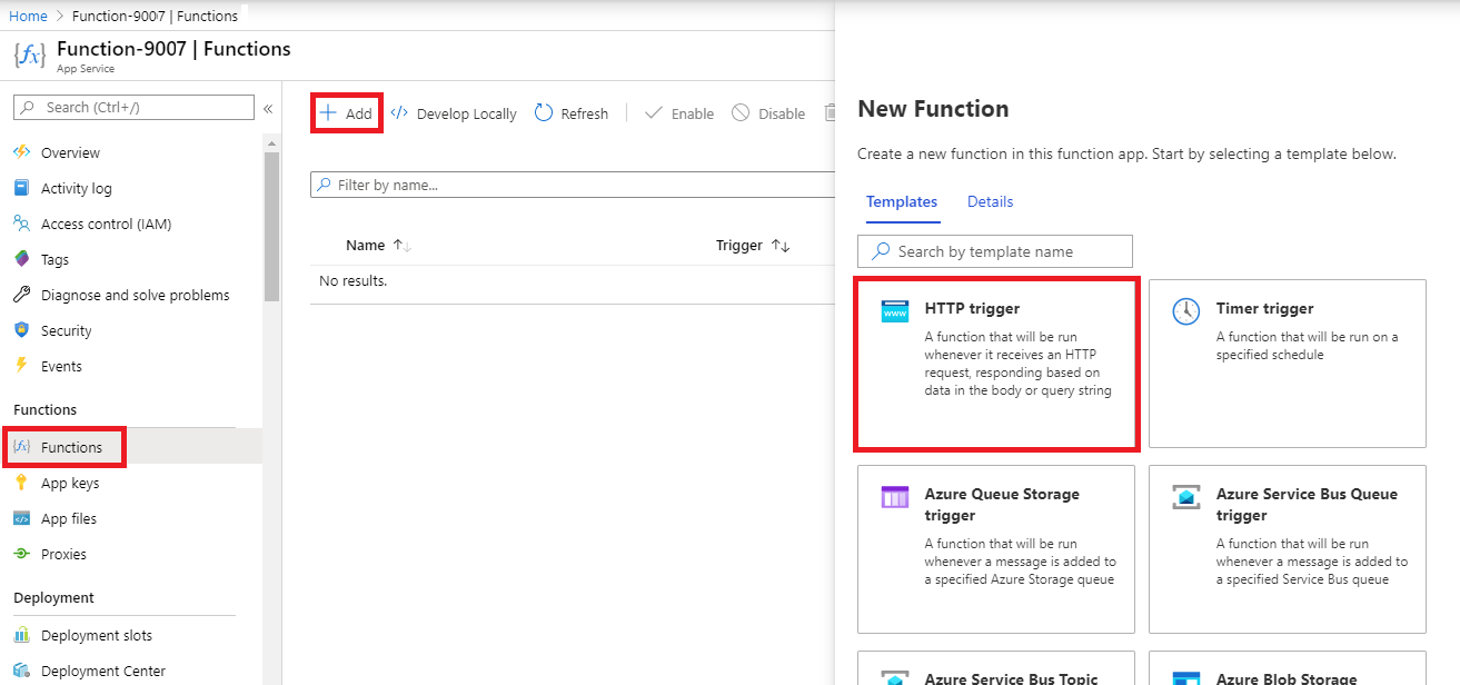 Screenshot of the create a function step in the azure functions for dot net getting started pane inside Azure portal. The HTTP trigger card is highlighted to illustrate the display elements used to add a new webhook to an Azure function.
