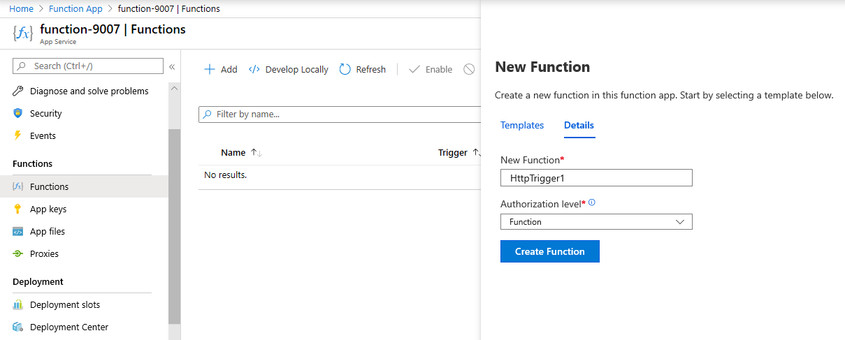 Screenshot of the create a function step in the azure functions for dot net getting started pane inside Azure portal. The webhook + api button and create button are highlighted to illustrate the display elements used to add a new webhook to an Azure function.