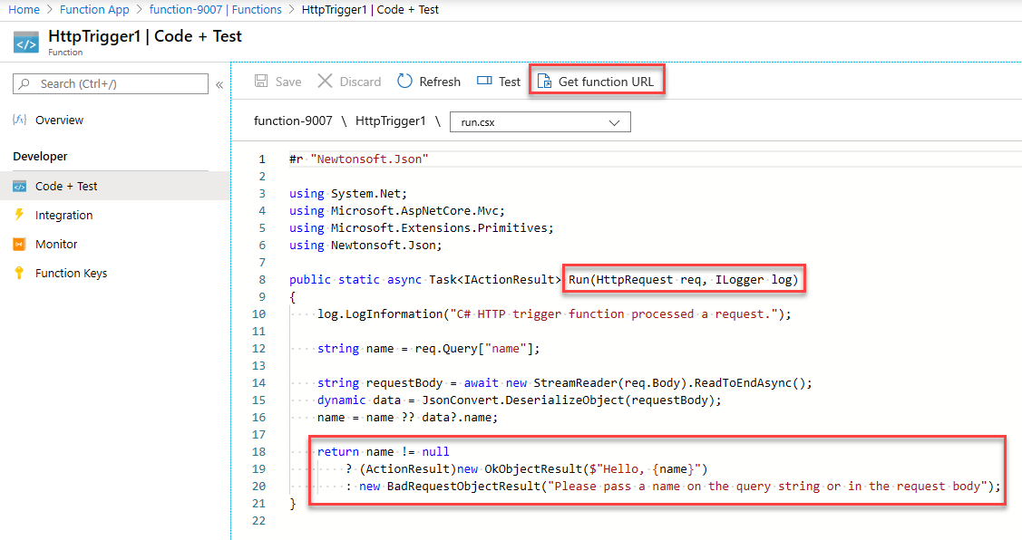 Screenshot of the function code. The Hello message is hightlighted.
