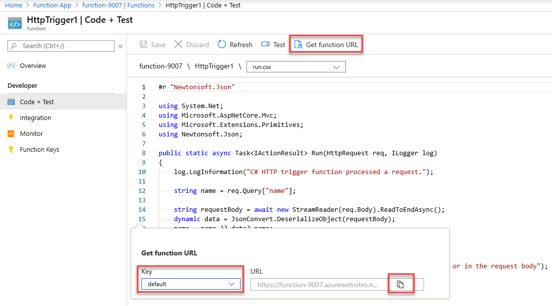 Screenshot of the get function URL pane inside the function editor in Azure portal. The display elements get function URL button, set key dropdown, and copy URL button are highlighted to indicate how to obtain and copy the function URL from the function editor.