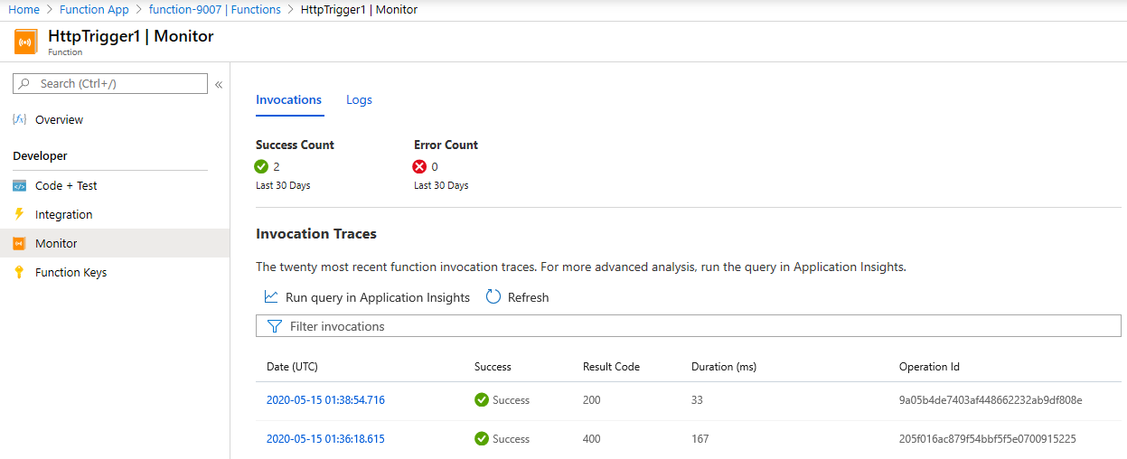 Screenshot of a trace information log resulting from running the function inside the function editor in Azure portal.