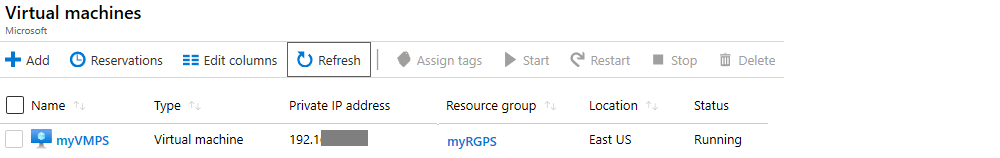 Screenshot of the virtual machines page with myVMPS in a running state.