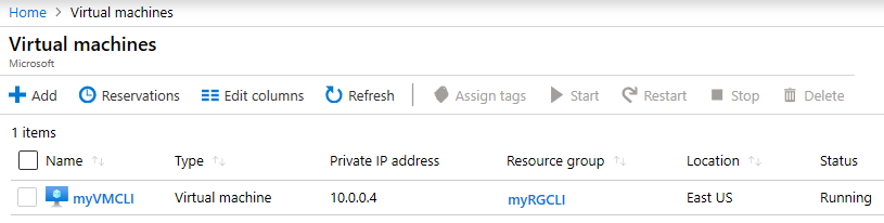 Screenshot of the virtual machines page with myVMPS in a running state.