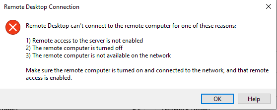 Screenshot of the error message that the virtual machine connection has failed.