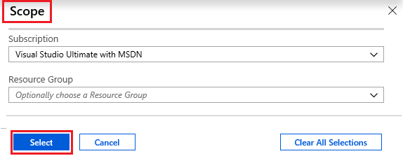 Screenshot of the Scope pane with field values filled in and the Select button highlighted.