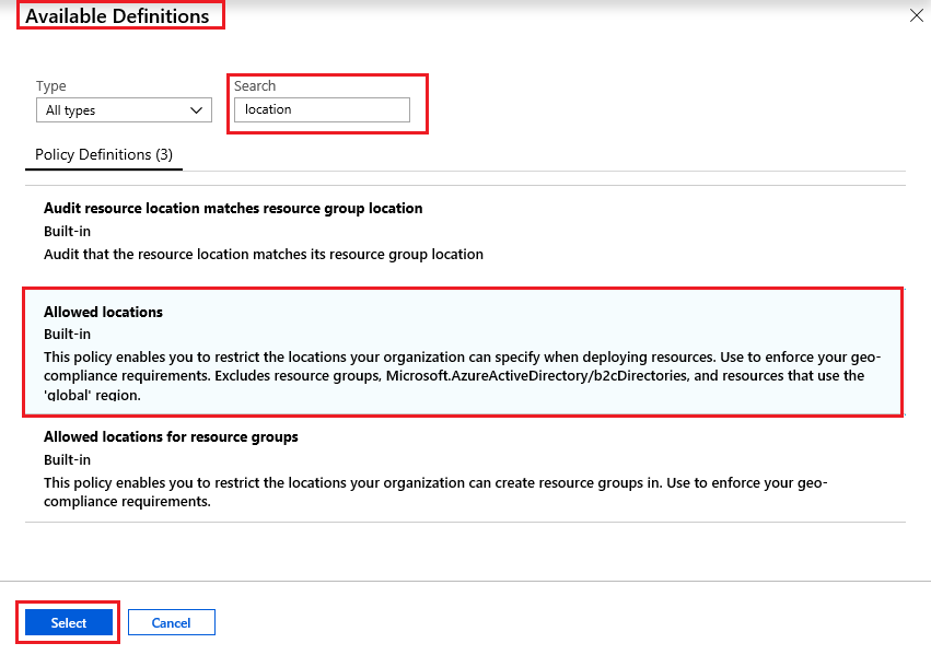Screenshot of Available Definitions pane with various fields highlighted and the Audit VMs that do not use managed disks option selected.