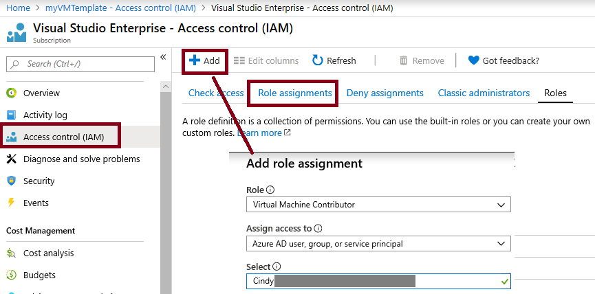 Screenshot of the Add role assignment page filled out with the necessary information.