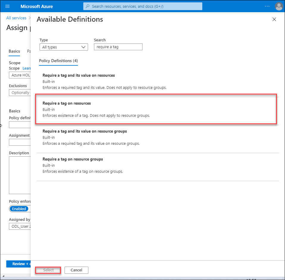Screenshot of Available Definitions pane with Require a tag on resources selected.