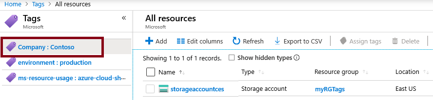 Screenshot of the Tags with company and contoso selected.