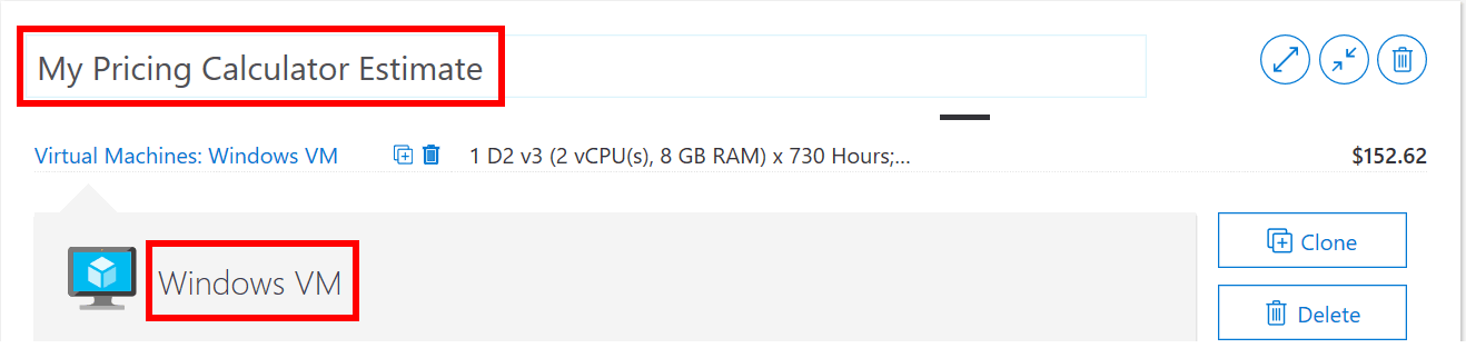 Screenshot of the vm configuration area within the Azure pricing calculator estimate webpage. The highlighted estimate name and vm configuration name indicate how to add an estimate name and a vm configuration name to an Azure pricing calculator estimate.