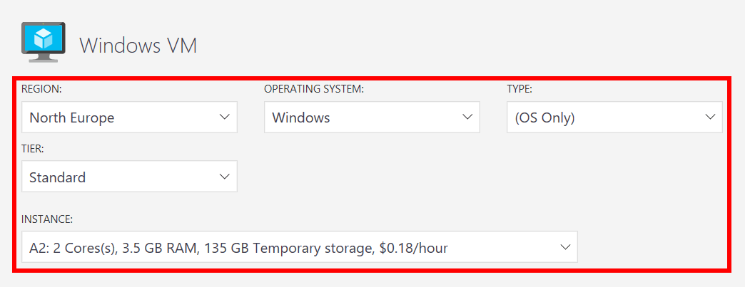 Screenshot of the vm configuration area within the Azure pricing calculator estimate webpage. The highlighted examples of user inputted vm configuration property values indicate how to specify a vm configuration within an Azure pricing calculator estimate.