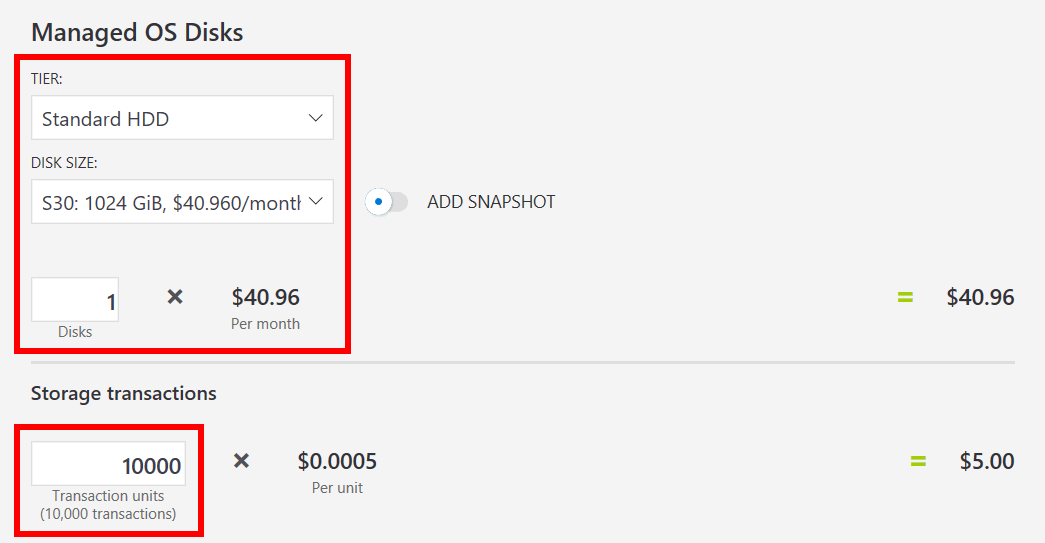 Screenshot of the managed OS Disks options area within the Azure pricing calculator estimate webpage. The highlighted tier type, disk size, number of disks, and number of storage transactions, options indicate how to specify a storage configuration for a vm within an Azure pricing calculator estimate.