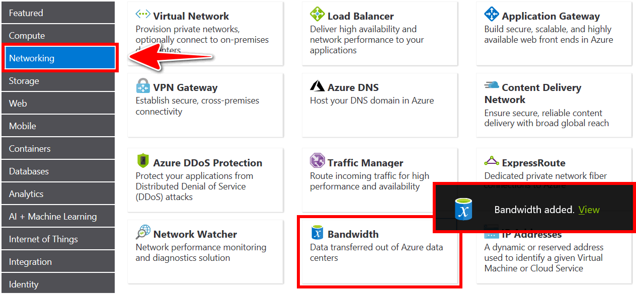 Screenshot of the networking products area within the Azure pricing calculator webpage. The highlighted networking, add bandwidth, and view bandwidth, tiles indicate how to add and view details of a networking bandwidth configuration in an Azure pricing calculator estimate.