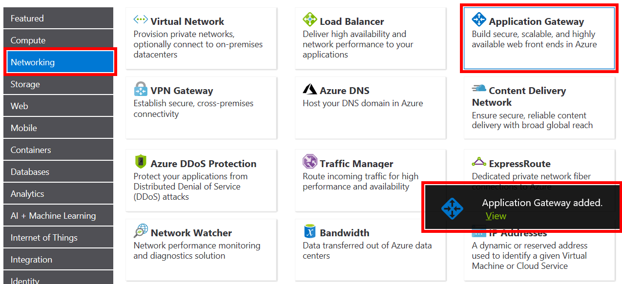 Screenshot of the networking products area within the Azure pricing calculator webpage. The highlighted networking, add application gateway, and view application gateway, tiles indicate how to add and view details of an application gateway configuration in an Azure pricing calculator estimate.