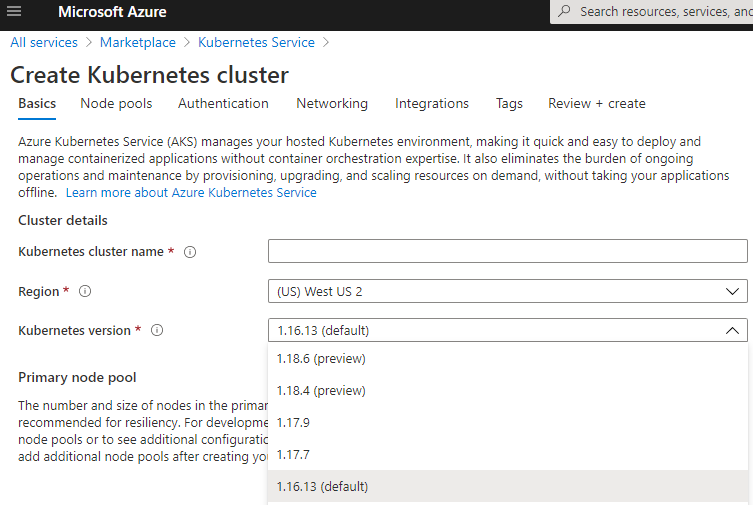 Screenshot of Azure Kubernetes Services pane with the create Kubernetes service button highlighted.