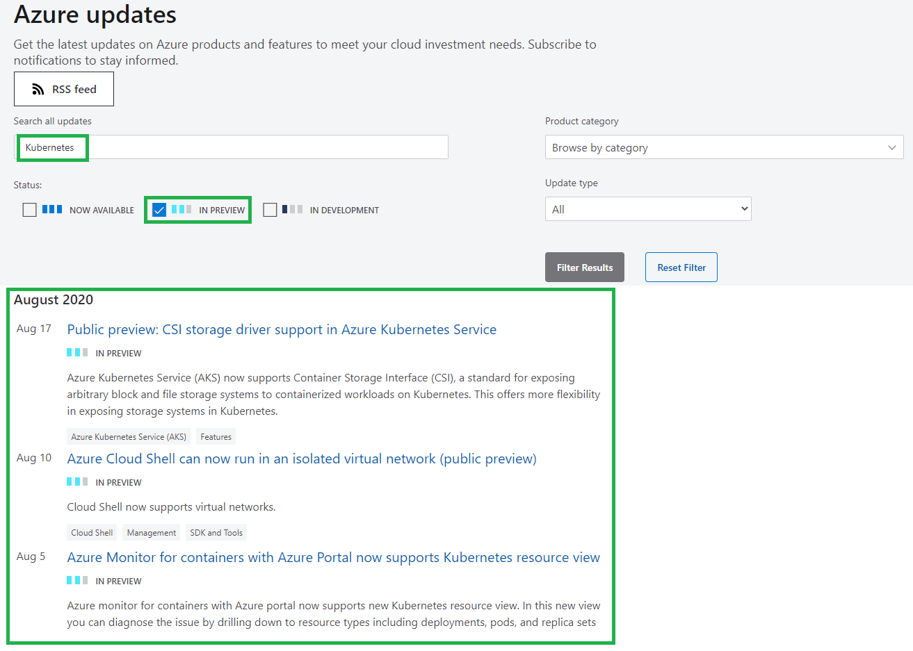 Screenshot of Azure Updates page with details related to Kubernetes and In preview returned.