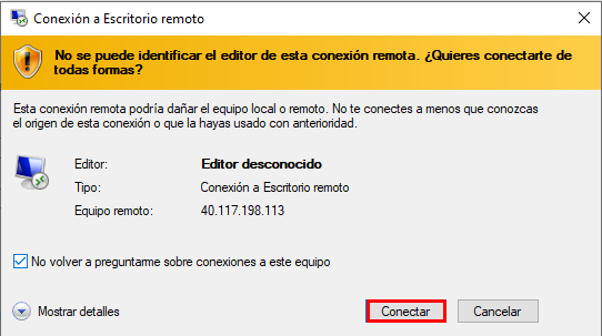 Screenshot of the virtual machine properties with the Connect button highlighted.