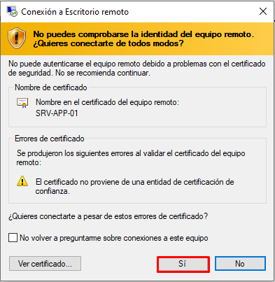 Screenshot of the Certificate warning dialogue informing the user of an untrusted certificate, with the Yes button highlighted.