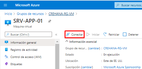 Screenshot of the virtual machine properties with the Connect button highlighted.