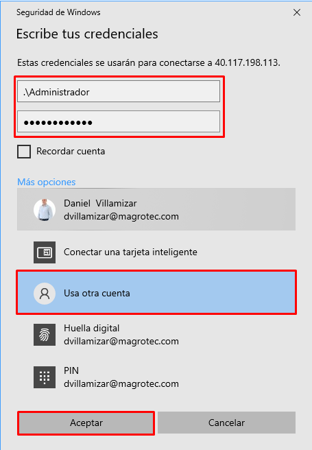 Screenshot of the Windows security dialogue with use a different account selected and the username azure user entered and a password.