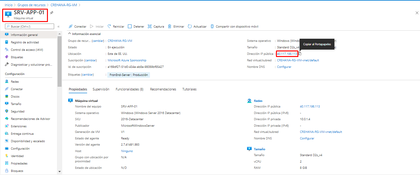 Screenshot of the Azure portal virtual machine property pane with the IP address copied.