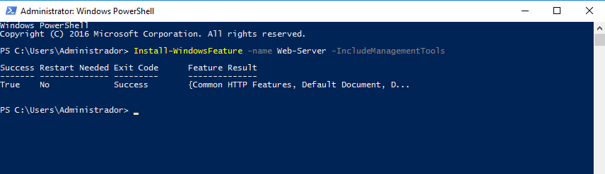 Screenshot of the windows PowerShell command prompt with the command Install-WindowsFeature -name Web-Server -IncludeManagementTools successfully completed and output stating it was successful.