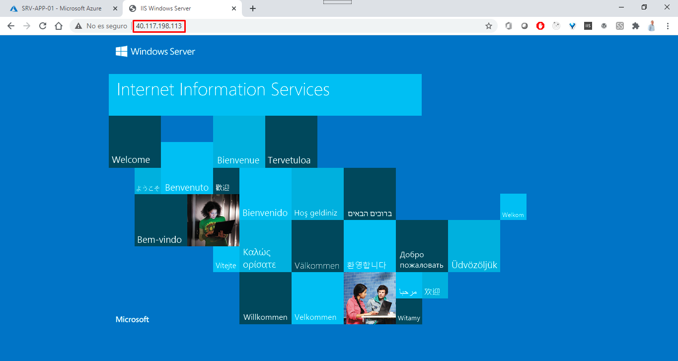 Screenshot of the default IIS web server welcome page being accessed via the public ip address in a web browser.